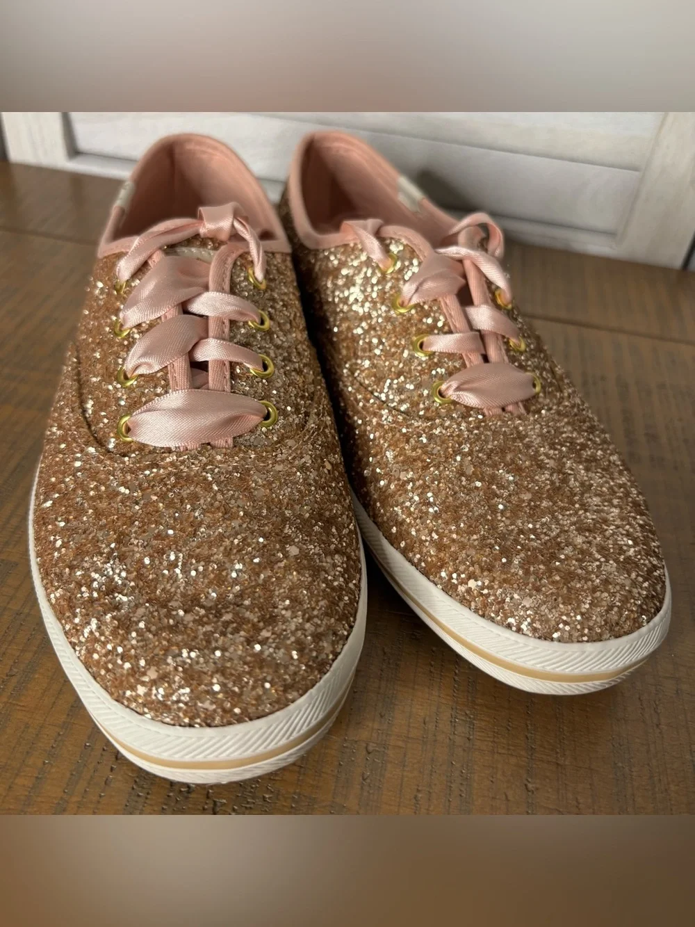 Keds x Kate Spade Champion Rose Gold Glitter Sneakers Box Extra Laces Women’s 7